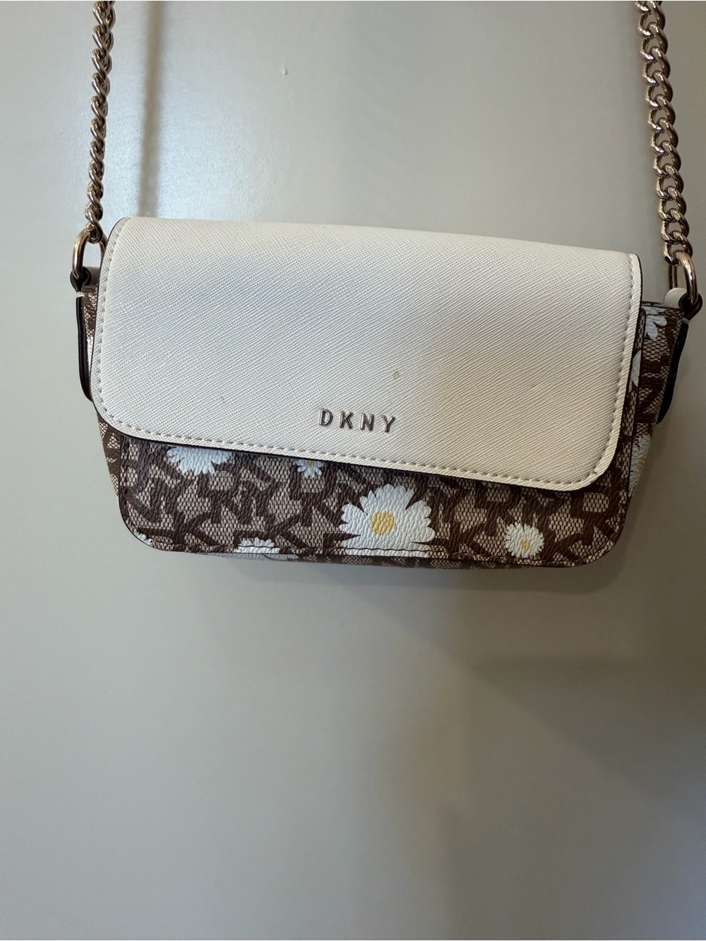 DKNY White Flap Brown Logo Daisy Crossbody with Chain Strap